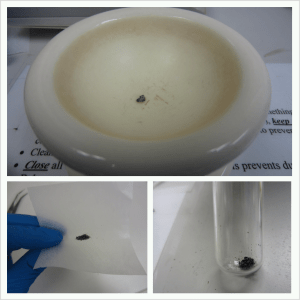 The very first steps of the process are freeze drying the skin sample and removing the lipids (resultant skin sample in top pane). Then, an appropriate amount (5-10mg) of sample must be ground with a mortar and pestle (lower left) and transferred to a glass vial (lower right), in which all the chemistry is performed.  